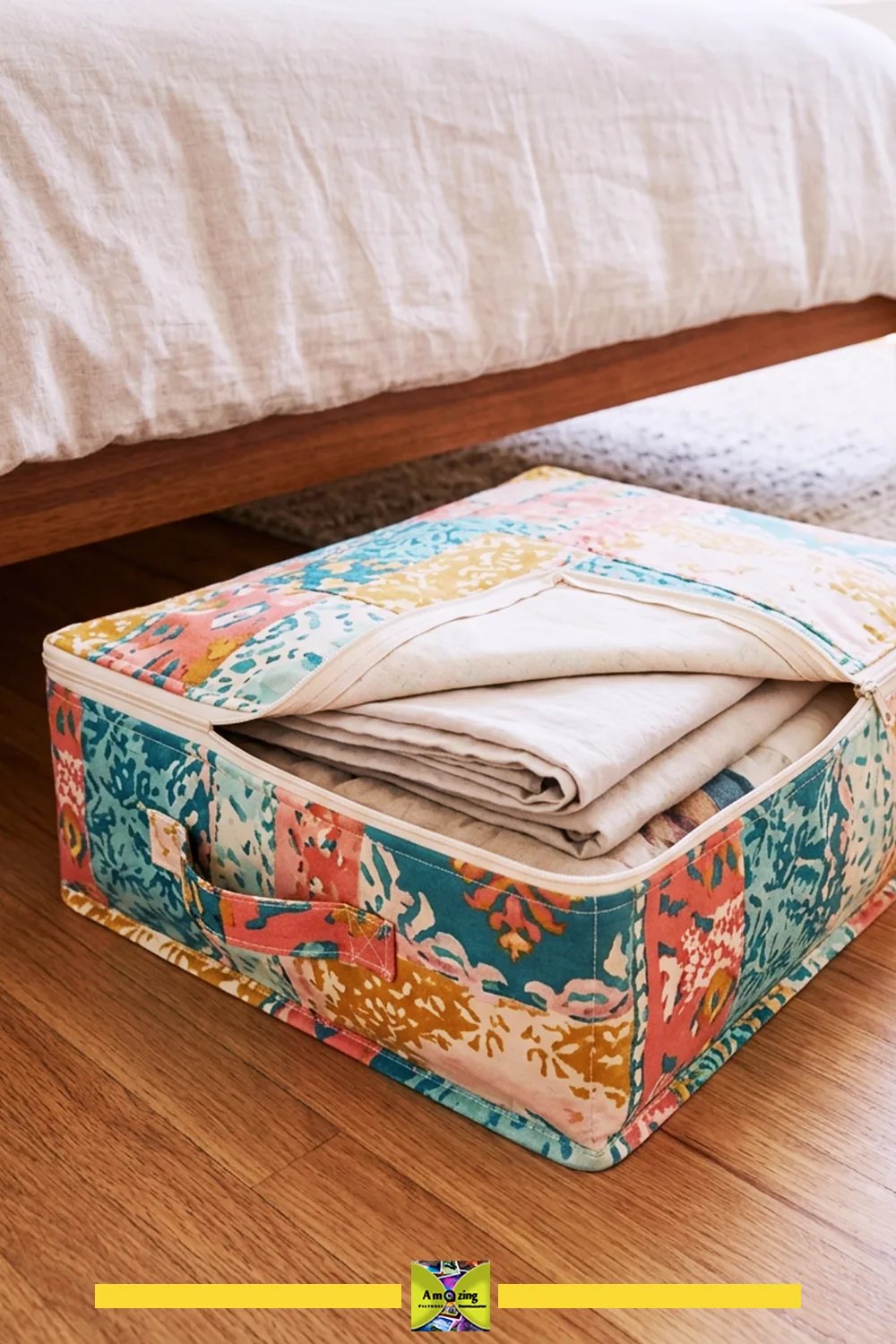 Colorful fabric zippered storage case with folded linens under a bed on wooden floor