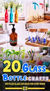 Colorful upcycled glass bottles and cups used as vases, organizers, and home decor crafts.