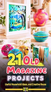 Collage of colorful DIY crafts made from old magazines, including vases, bowls, wall art, and folded decorations.