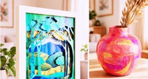 Collage of colorful DIY crafts made from old magazines, including vases, bowls, wall art, and folded decorations.