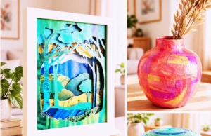 Collage of colorful DIY crafts made from old magazines, including vases, bowls, wall art, and folded decorations.