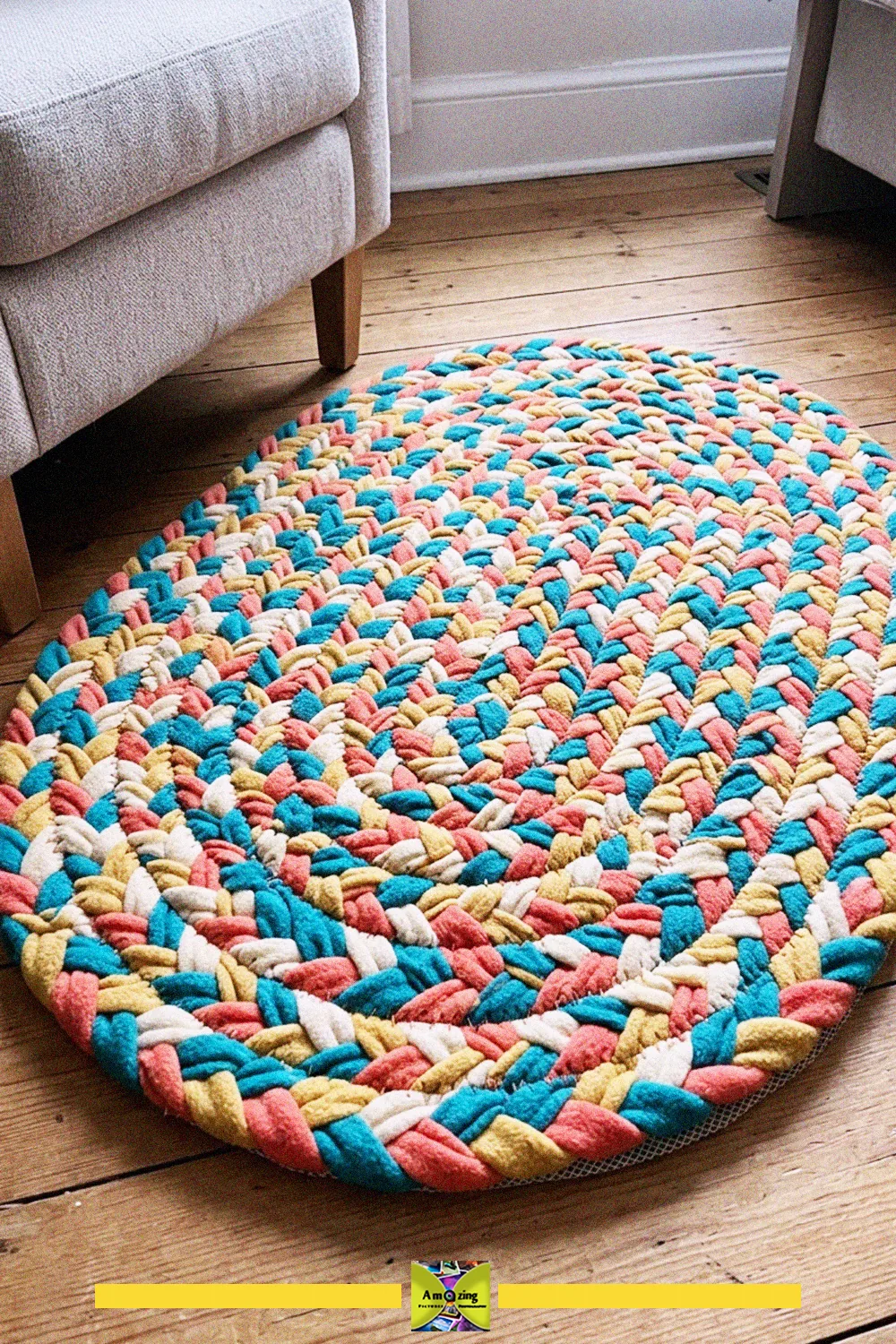 What to do with old blankets: a colorful oval braided rug made from fleece blanket strips on a wooden floor