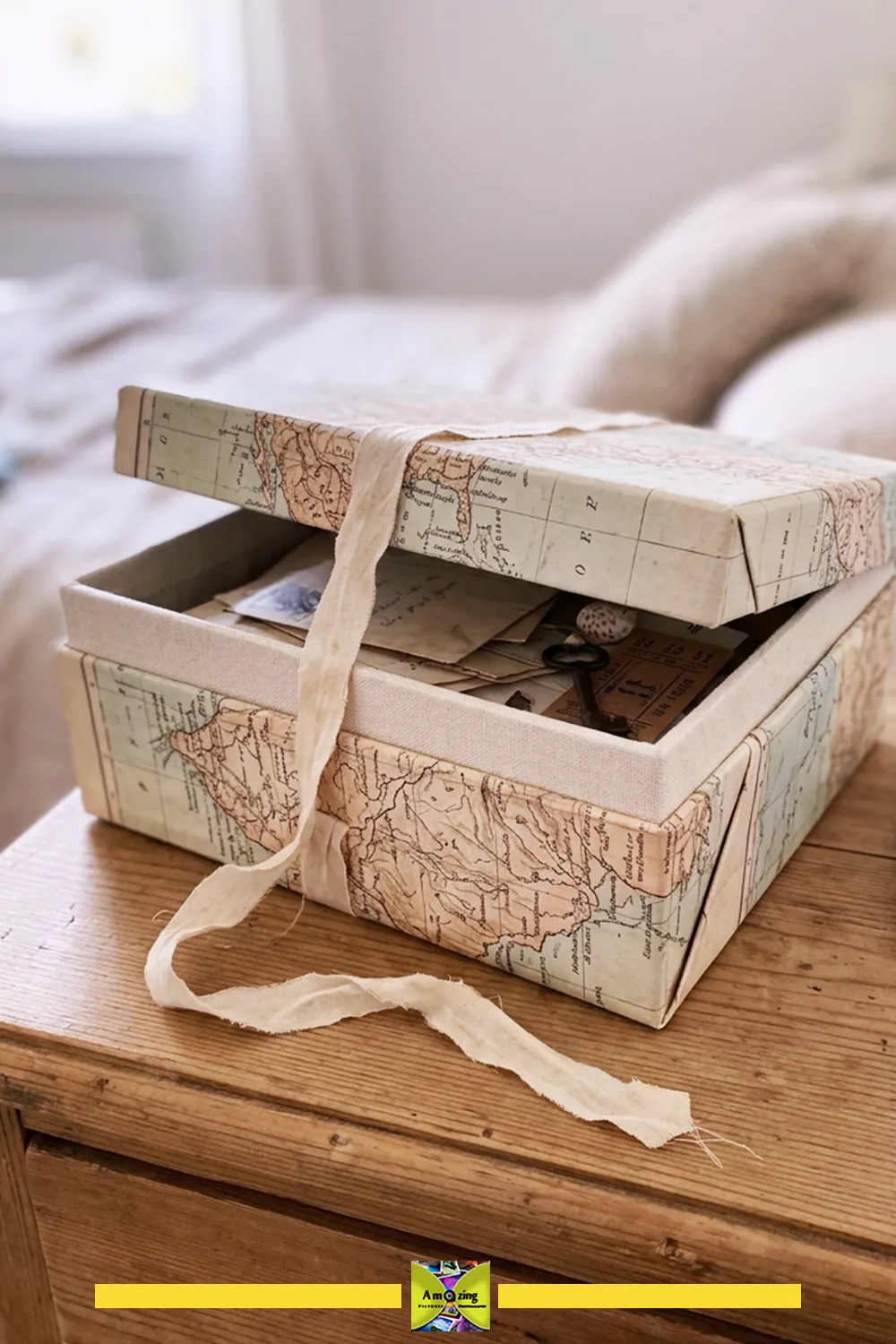 DIY cardboard keepsake box covered with an old map, partially open on a wooden table