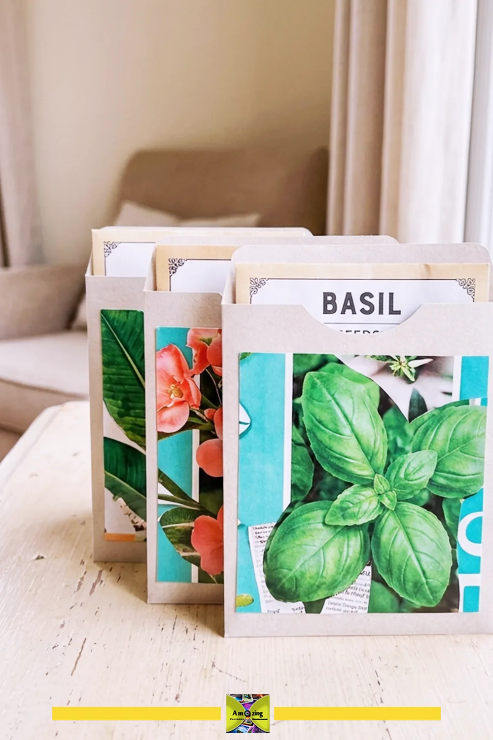 Handmade seed packet sleeves decorated with colorful magazine cutouts on a wooden table