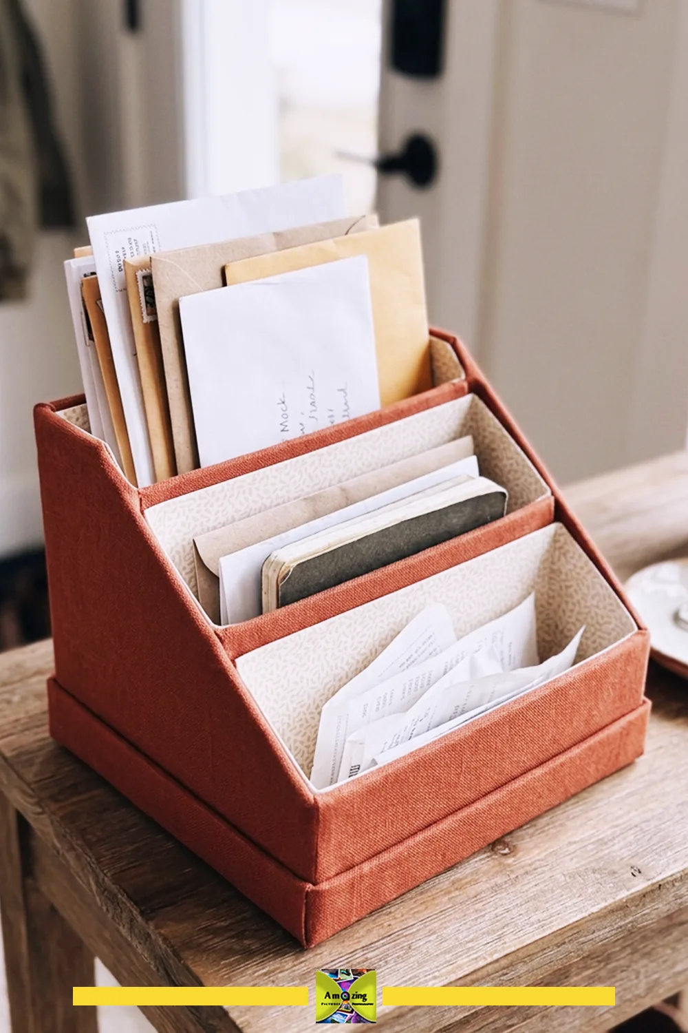 DIY entryway mail organizer made from fabric-covered cardboard boxes, holding envelopes on a wooden table