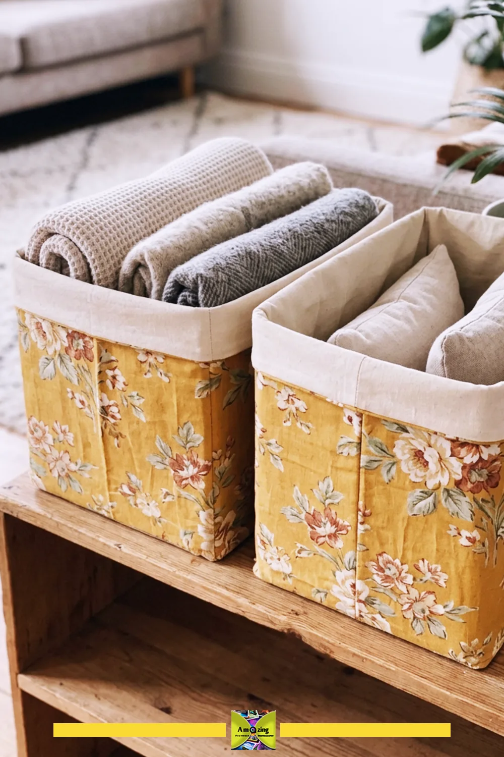 Two floral fabric-covered storage bins made from cardboard boxes, holding towels on a wooden shelf