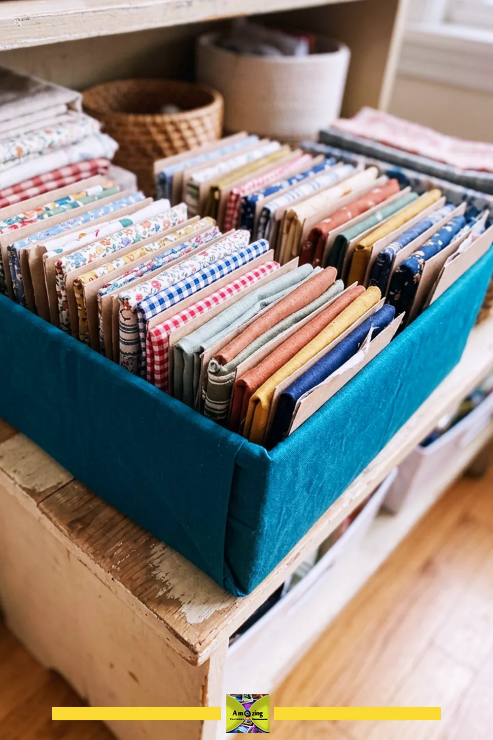 DIY fabric scrap filing box made from old packaging and covered in teal fabric, on a wooden shelf