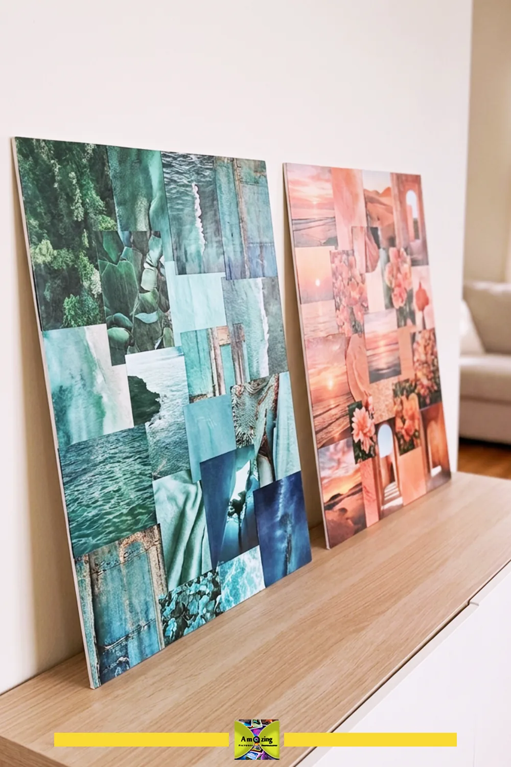 Two colorful collage boards made from magazine cutouts leaning against a wall on a wooden shelf