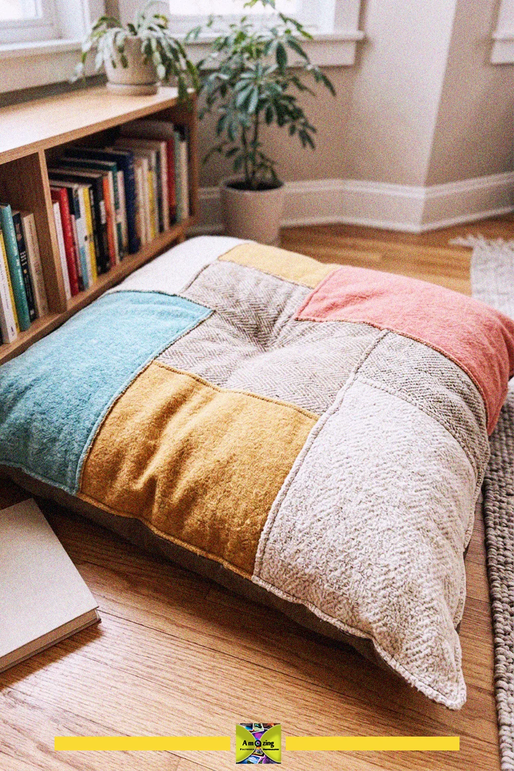 Large patchwork floor cushion made from blanket scraps in mustard, pink and cream on a wooden floor