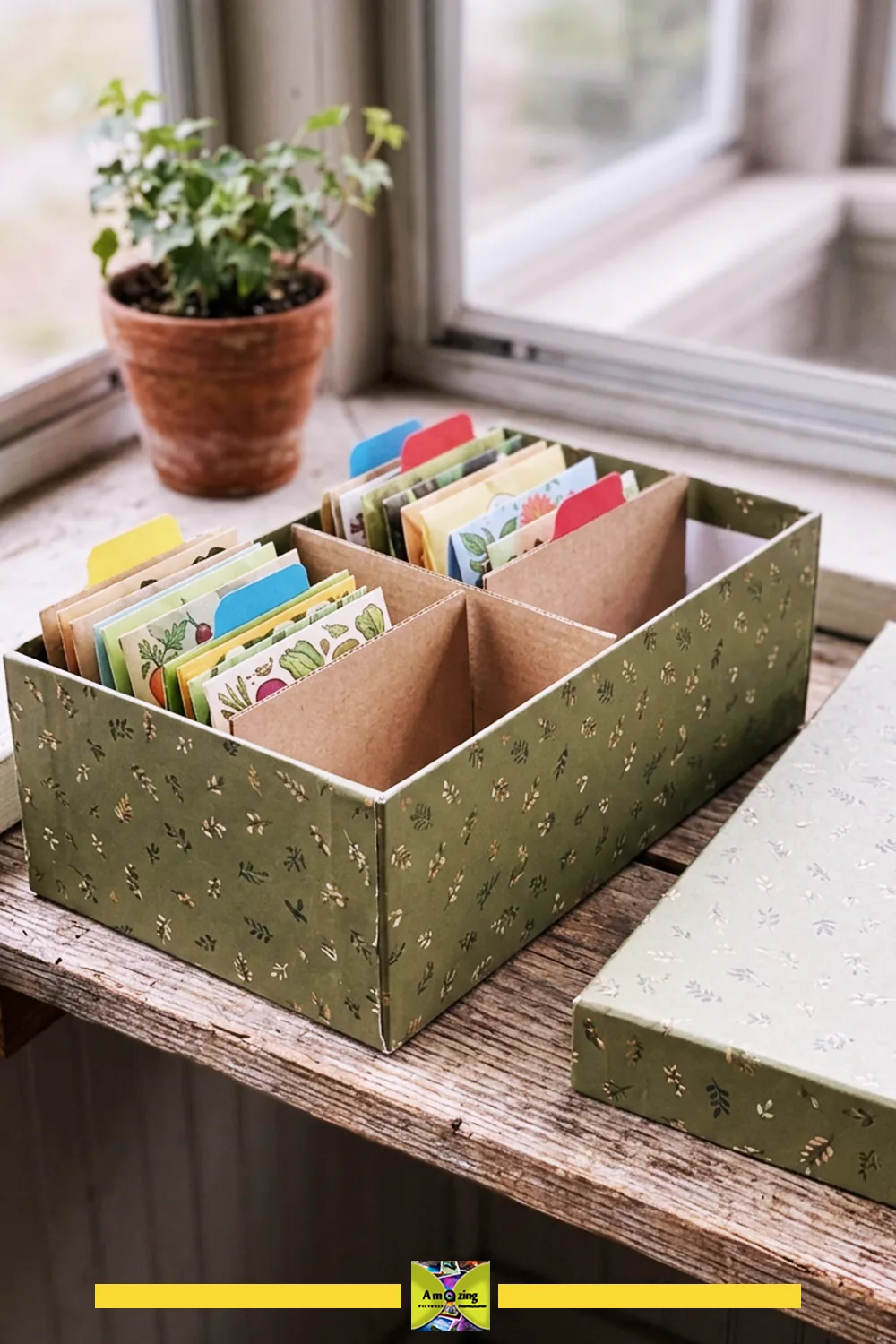 DIY seed packet organizer made from a recycled shoebox with dividers and colorful tabs