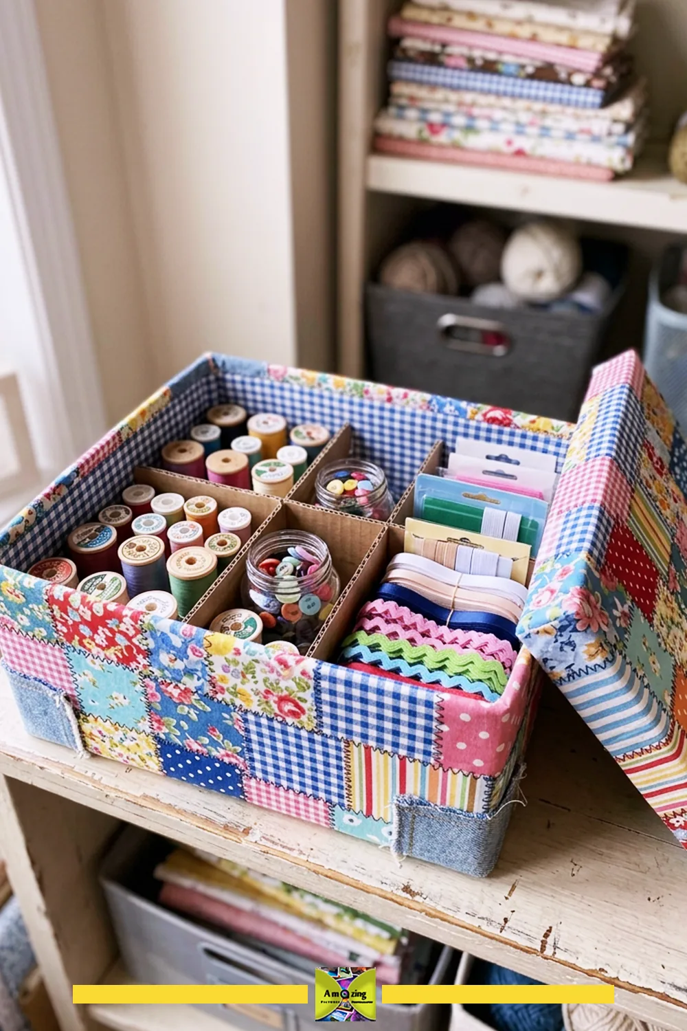 DIY sewing storage box made from cardboard and lined with colorful fabric scraps, holding threads and notions
