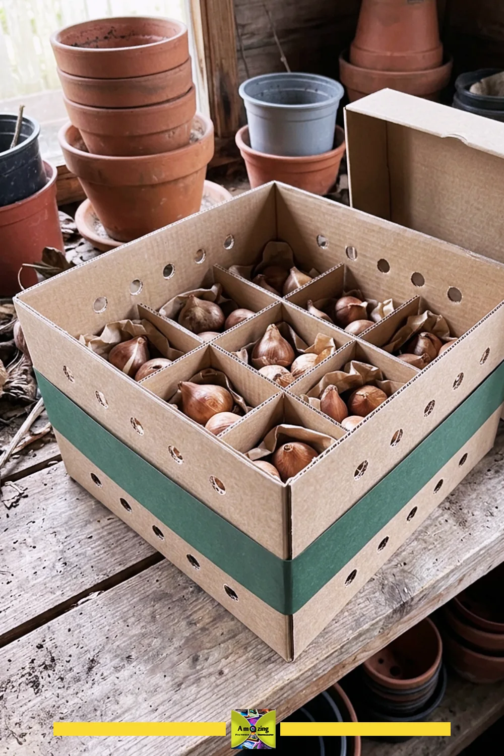 DIY ventilated cardboard box with compartments and air holes holding flower bulbs