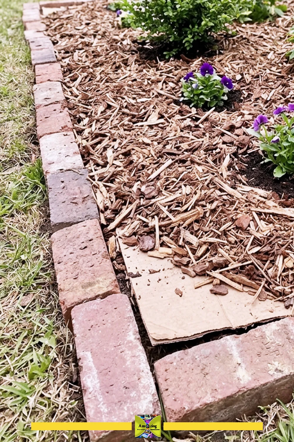 Recycled cardboard sheets used as a weed barrier under mulch in a brick-edged garden bed