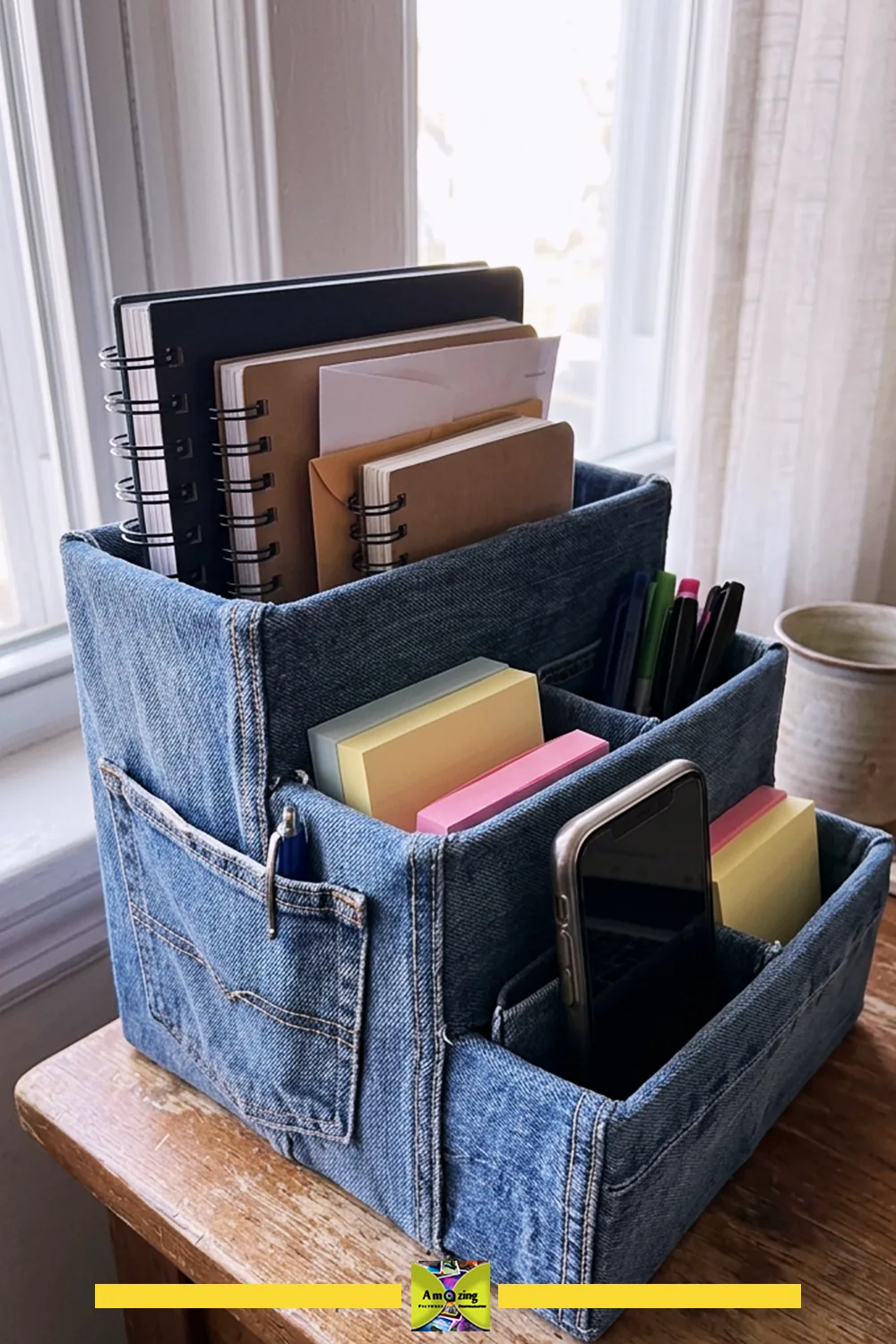 Upcycled denim desk organizer made from small cardboard boxes holding notebooks, pens and sticky notes