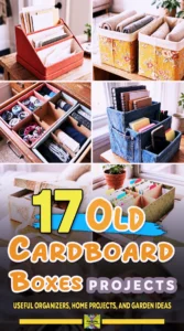 DIY organizers and storage ideas made from recycled cardboard boxes in various designs.